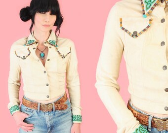 ViNtAgE 60's 70's Deerskin Jacket // Cropped Beaded Woodstock Era // Genuine Leather Southwestern Santa Fe HiPPiE Fitted Shirt Coat XS