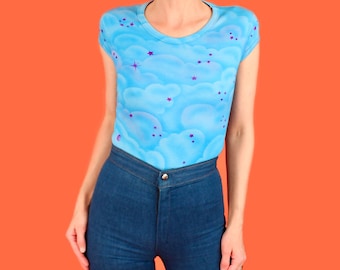 Dreamy Clouds and Stars Airbrushed Vintage 70's French Cut T Shirt PoP ArT Handmade Art 1970s Top Tee T-shirt Made in LA