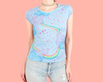 Vintage 70's French Cut Airbrushed T Shirt // Rainbow Dreamy Clouds + Stars PoP ArT Handmade Art 1970s Top Tee T-shirt Made in LA