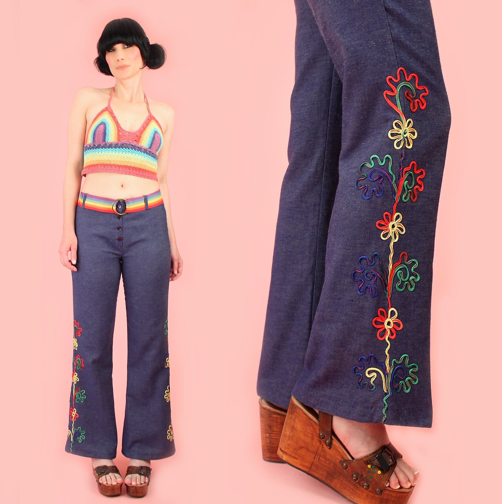 Vintage Embroidered Floral Jeans, Blue Embroidered Denim Pants, Handmade  Boho Jeans, Summer Cropped Pants, Soft Cotton Jeans, Gift for Her 