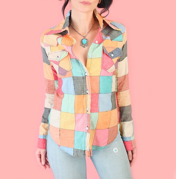 ViNtAgE 70s INDIAN Cotton Madras Patchwork Top //… - image 2