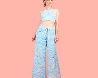 Dreamy Clouds + Birds Airbrushed 2 piece Set // Handmade // Seagull Wide Leg Pants Halter Top // Airbrush Vintage Cotton Made in Los Angeles