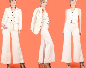 ViNtAgE 70's RONCELLI Suit // Bell Bottoms + Fitted Jacket + Vest // 2 Toned Cream Panels // 2 Piece Pant Suit Rockstar Rocker HiPPiE Disco