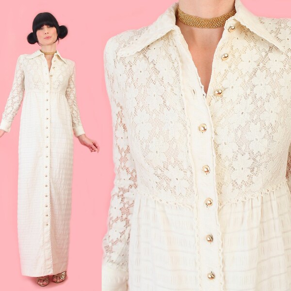 1960s Cream Guaze & Lace Boho Maxi main image 0