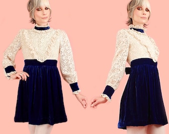ViNtAgE 60's 70's Blue VELVET Mini Dress // Romantic Goth // Crochet Lace Babydoll Empire Waist Puff Sleeves s/xs
