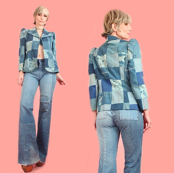 ViNtAgE 70s Patchwork Denim Jacket + Psychedelic … - image 1