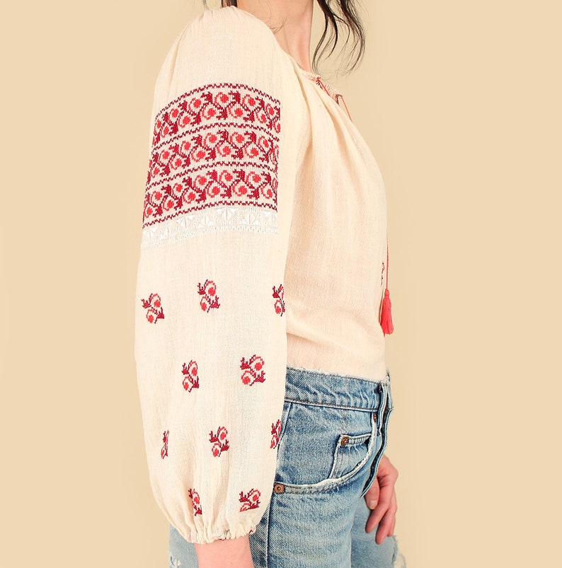 ViNtAgE Romanian Blouse Sheer Gauze Cotton Artisan Made Hand EMBROIDERED Gauzy Tunic Top Shirt SM