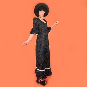 Vintage 60's Magical Stars Print Babydoll Black Maxi Dress // Tiered Trumpet Sleeves // Goth sz/M image 3