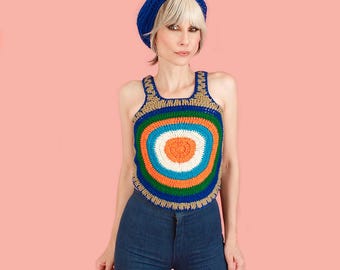 Vintage 1970's Charlie's Girls Crochet Knit Sweater Vest // Bullseye Knit HiPPiE Boho 70's //XS/S