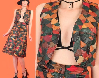 ViNtAgE 1970's Fish Scale Leather Cropped Vest & Skirt 2 Piece Set HiPPiE Disco sz.Small