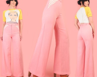 ViNtAgE 70's Pink Bell Bottoms // High Waisted // Pink Bells //Basketweave Details // 1970s Hippie  26 Waist