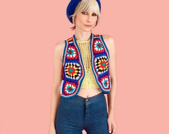 Vintage 1970's Granny Square Crochet Knit Sweater Sweater Vest //  Knit HiPPiE Boho 70's // Medium M