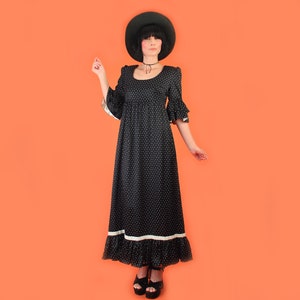 Vintage 60's Magical Stars Print Babydoll Black Maxi Dress // Tiered Trumpet Sleeves // Goth sz/M image 2