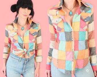 ViNtAgE 70s INDIAN Cotton Madras Patchwork Top // Made in India Patched Western Shirt // Hippie Bohemian Boho S