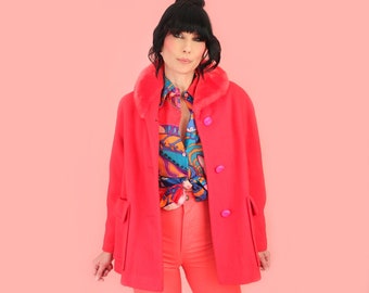 ViNtAgE 60's Fuchsia Coat // 1960's Pink Faux Fur Collar + Rock Candy Buttons // Vtg Wool Coat Jacket