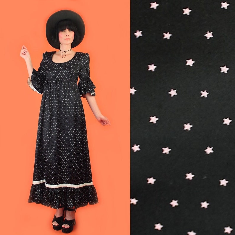 Vintage 60's Magical Stars Print Babydoll Black Maxi Dress // Tiered Trumpet Sleeves // Goth sz/M image 1