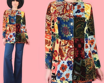 1960's Vintage Luxe Velvet Patchwork Jacket// 1960's allover print //  HiPPiE MoD // Small/Medium