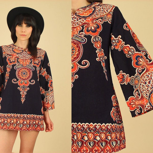 ViNtAgE 60's 70's TriBal Cotton Dashiki // Angel Wing Tunic Top // HiPPiE BoHo Ultra Mini Festival Dress//Woodstock Era Small Medium S / M