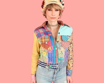 ViNtAgE 70s Patchwork Jacket // Tapestry Corduroy // by Kennington of California // Cropped Colorful Waistcoat // 60s HiPPiE BoHo 1970s M L