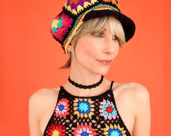 ViNtAgE 1970's Rainbow Granny Square Hat // 1970's HiPPiE Cap// Hippie MoD
