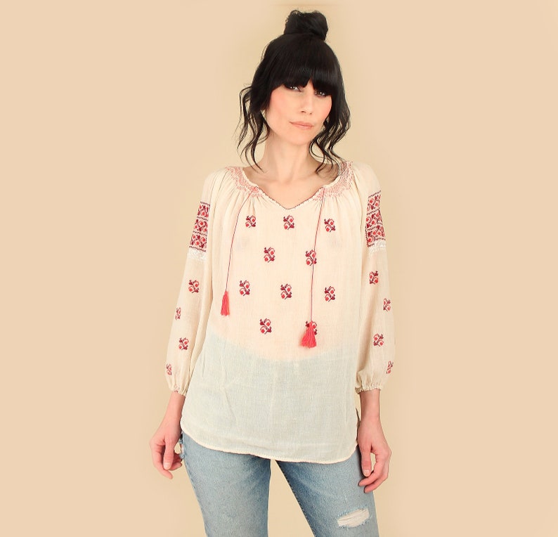 ViNtAgE Romanian Blouse Sheer Gauze Cotton Artisan Made Hand EMBROIDERED Gauzy Tunic Top Shirt SM