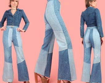 Vintage 70's Bell Bottom Jeans // Denim Patchwork // Hippie Disco // Bell Bottoms sz. 26