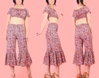 ViNtAgE 60's 70's India Cotton Block Print 2 Piece Set // Ruffled Kick Flares + Crop Top HiPPiE sz.S