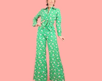 1970s 2 Piece ViNtAgE Bell Bottoms + Blouse Set // Cotton Seersucker // Floral Print // Vtg 70s Shirt + High Waisted Pant 24 waist