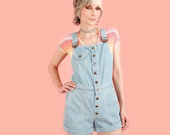 Hang Ten Rainbow Shortalls // Shorts Bib Overalls // Hand Embroidered // Denim Jumpsuit // Vintage 70s Jeans // Rare Romper Playsuit Surfer