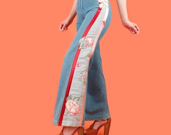 ViNtAgE 70s Bell Bottom Jeans // Randi Z. Rabbete California Boutique Satin Ribbon + Rose Appliqué Detail Rockstar Bohemian Romantic HiPPiE