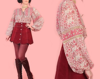 Indian Gauze Tunic ViNtAgE 70's  Bib Cotton Sheer Bohemian // India Gauzy Floral Top // BoHo Hippie Shirt Blouse Medium M