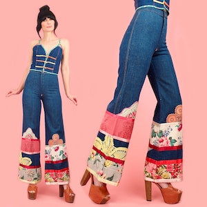 Rare Vintage 70&#39;s L.A.P.D. Customized Patchwork Bell Bottom Jeans Denim Flares Hippie 26