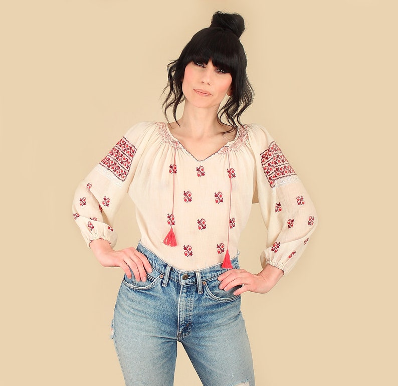ViNtAgE Romanian Blouse Sheer Gauze Cotton Artisan Made Hand EMBROIDERED Gauzy Tunic Top Shirt SM