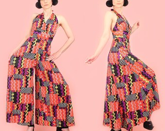 ViNtAgE 70's Vintage 1970's Allover Psychedelic Op Art Puzzle Print Jumpsuit // Bell Bottom Wide Leg // MoD HiPPiE S