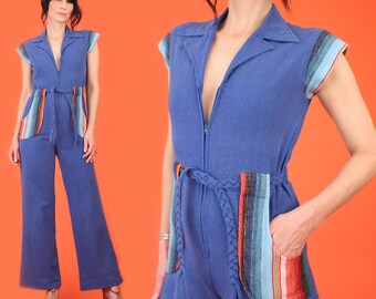 Vintage 70's Cotton Jumpsuit // Blanket Striped Details + Bell bottoms // High Waisted // Wide Leg // HiPPiE BoHo S/M