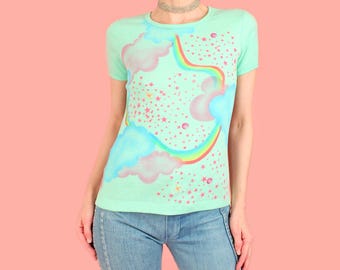 Vintage 70's French Cut Airbrushed T Shirt // Rainbow Dreamy Clouds + Stars PoP ArT Handmade Art 1970s Top Tee T-shirt Made in LA