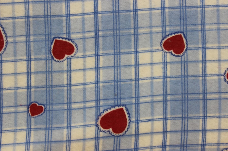 Blue plaid check with red hearts 100/% cotton flannel 41-44 wide