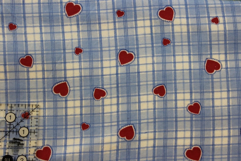 Blue plaid check with red hearts 100/% cotton flannel 41-44 wide
