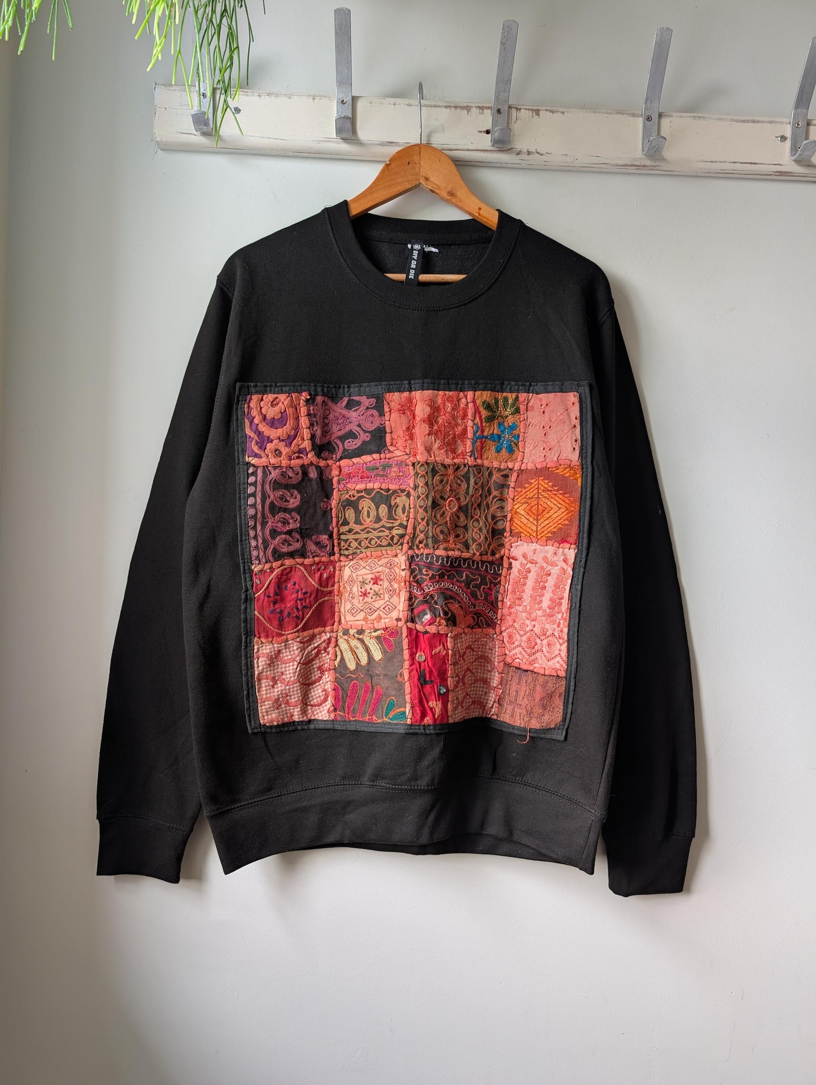 Recycling Reworked Grey Pullover Sweatshirt with Handmade Indian Patchwork Applique Recycling Reworked Grey Pullover Sweatshirt with Handmade Indian Patchwork Applique