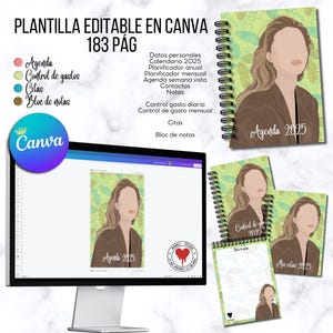 Puede incluir: Una plantilla de agenda digital con fondo verde y el rostro de una mujer. La plantilla incluye secciones para datos personales, un calendario, un planificador y un bloc de notas. El texto "Agenda 2025" es visible en la plantilla.