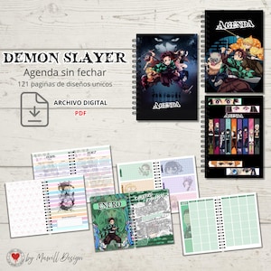 Puede incluir: Una agenda digital PDF con temática de Demon Slayer de 121 páginas. El conjunto incluye portadas de planificador con espiral con personajes de anime, vistas de calendario mensual y páginas interiores con ilustraciones y texto en español.
