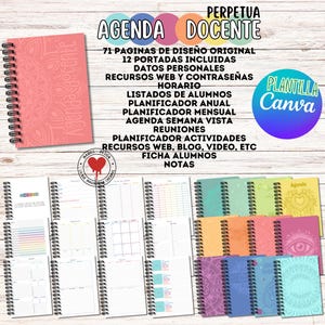 Peut inclure: Plusieurs agendas de professeur à spirales colorées. Les agendas présentent divers motifs et comprennent des sections pour les données personnelles, les ressources web, les horaires, les listes d'élèves, etc. Le texte "Agenda Docente" est visible sur la couverture.