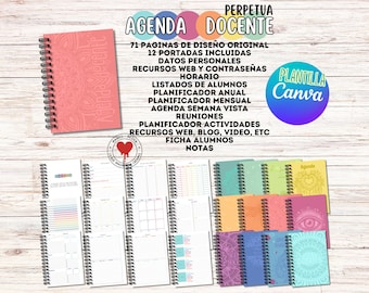 Canva template. Perpetual teacher planner. 12 covers. 71 pages. A4 and A5. Downloadable. Printable.