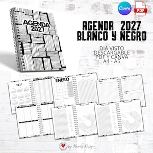 Puede incluir: Una agenda 2027 de espiral con una portada de patrón geométrico en blanco y negro. El producto digital incluye plantillas PDF y Canva imprimibles en A4 y A5 con calendarios mensuales, vistas diarias y diseños de cuadrícula.