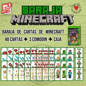 Baraja cartas Minecraft recortable + caja para guardarlas. Recortable. Descargable. Pdf. Imprimible. Descarga digital. NO FISICO