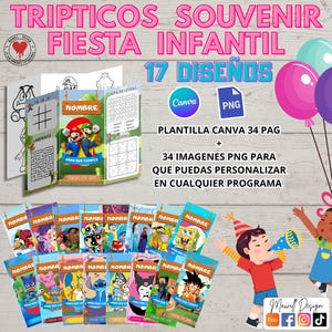 Könnte beinhalten: Ein Satz von 17 druckbaren dreifach-Broschüren für eine Kinderparty. Die Broschüren zeigen eine Vielzahl von Comicfiguren, darunter Mario, SpongeBob Schwammkopf und Paw Patrol. Der Text auf der Broschüre lautet "Tripticos Souvenir Fiesta Infantil 17 Diseños".