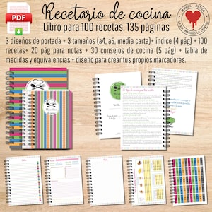 Recetario de cocina para 100 recetas - PDF DIN A4, A5 y media cara. 135 páginas- 20 pág notas- 30 consejos de cocina Descargable Imprimible