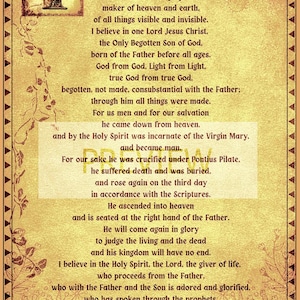 Może przedstawiać: Obraz w stylu vintage z żółtawym tłem i brązowymi akcentami kwiatowymi. Tekst brzmi "Wierzę w jednego Boga, Ojca wszechmogącego, Stwórcę nieba i ziemi...", a następnie kontynuuje tradycyjne chrześcijańskie wyznanie wiary.