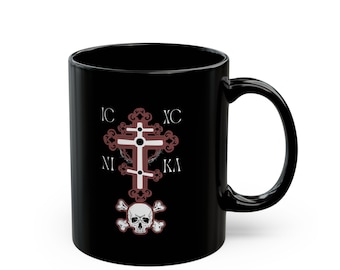 Orthodox 3 Bar Cross Black Mug - IC XC NIKA, Religious Coffee Cup, Christian Tea Mug, Orthodox Gift, Religious Kitchen Decor