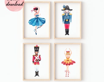 Nutcracker Ballet Prints, Watercolor Christmas Home Decor, Holiday Decor, Nutcracker Ballerina and Soldier, Set of 4